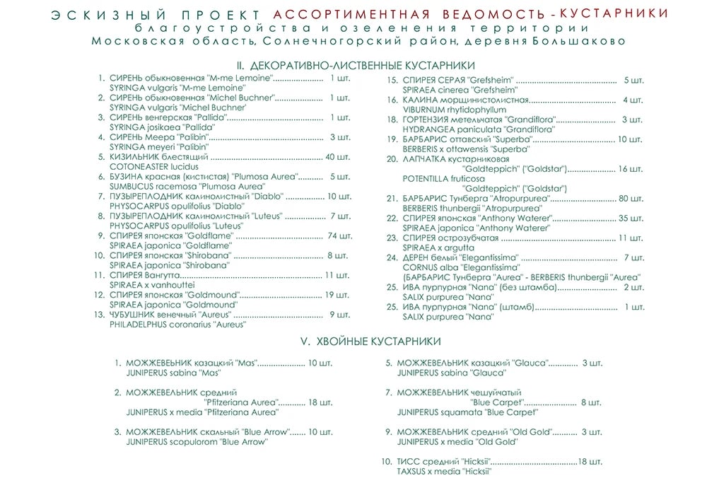 Ассортиментная ведомость кустарников с перечнем растений и количеством