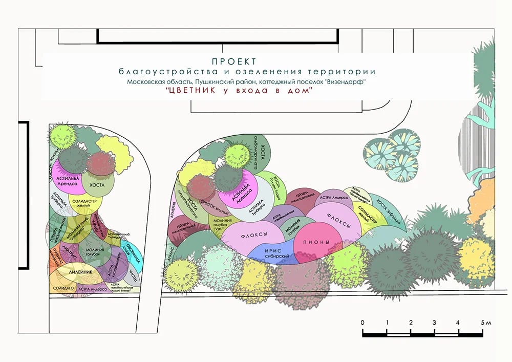Проект ландшафтного дизайна участка 15 соток - план цветника у входа в дом